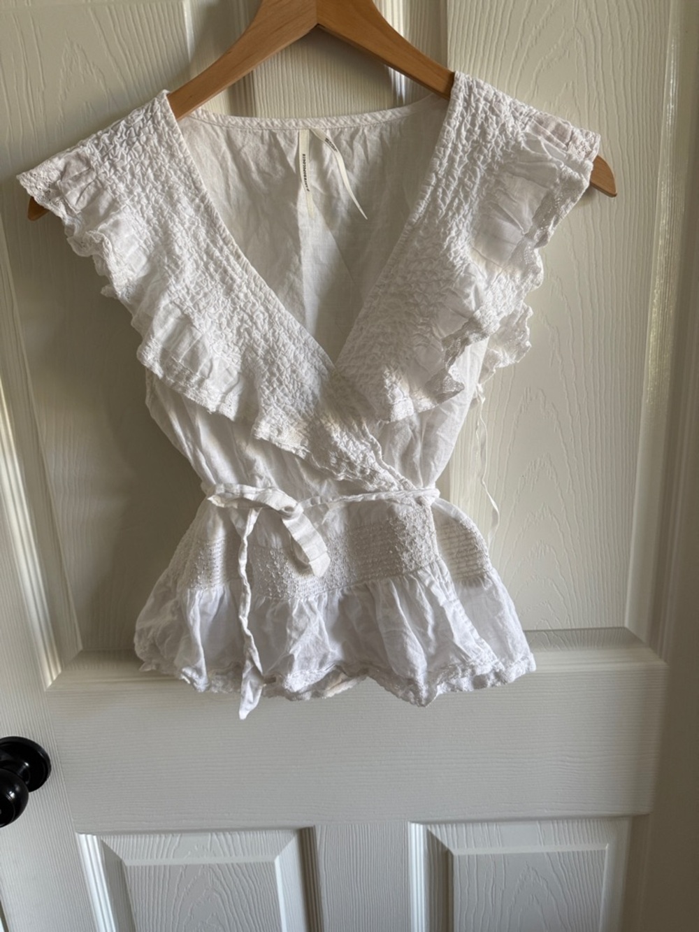 Anthropologie White Ruffled Wrap Blouse